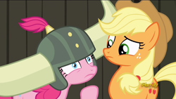 Size: 1920x1080 | Tagged: safe, screencap, character:applejack, character:pinkie pie, species:pony, episode:not asking for trouble, g4, my little pony: friendship is magic, discovery family logo, helmet, honorary yak horns, horned helmet, viking helmet