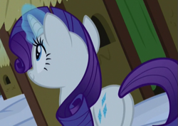 Size: 547x387 | Tagged: safe, screencap, character:rarity, species:pony, species:unicorn, episode:not asking for trouble, g4, my little pony: friendship is magic, cropped, female, glowing horn, horn, mare, plot, smiling, solo