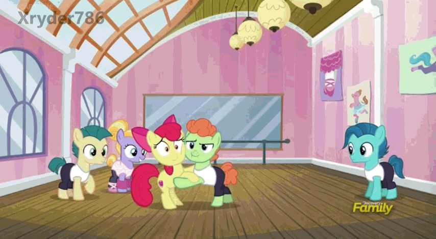 Size: 854x470 | Tagged: safe, screencap, character:apple bloom, character:berry star, character:shining passion, character:shuffle step, species:pony, episode:on your marks, g4, my little pony: friendship is magic, animated, dance studio, dancing, gif, good trick, spinning, waltzer