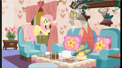 Size: 961x541 | Tagged: safe, screencap, character:discord, character:fluttershy, species:pony, episode:discordant harmony, g4, my little pony: friendship is magic, boomerang (tv channel), fading, food, transparent