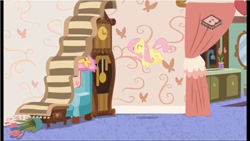 Size: 961x541 | Tagged: safe, screencap, character:fluttershy, species:pegasus, species:pony, episode:discordant harmony, g4, my little pony: friendship is magic, boomerang (tv channel), solo, stairs