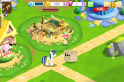 Size: 960x640 | Tagged: safe, gameloft, screencap, character:apple bloom, character:bon bon, character:derpy hooves, character:sweetie drops, species:pegasus, species:pony, box, cardboard box, construction site, female, mare, pony in a box, sugarcube corner