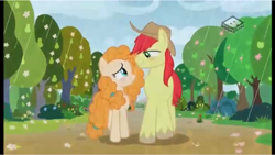 Size: 960x542 | Tagged: safe, screencap, character:bright mac, character:pear butter, species:pony, ship:brightbutter, episode:the perfect pear, g4, my little pony: friendship is magic, apple tree, blushing, clothing, hat, looking at each other, pear tree, rain, spring, tree