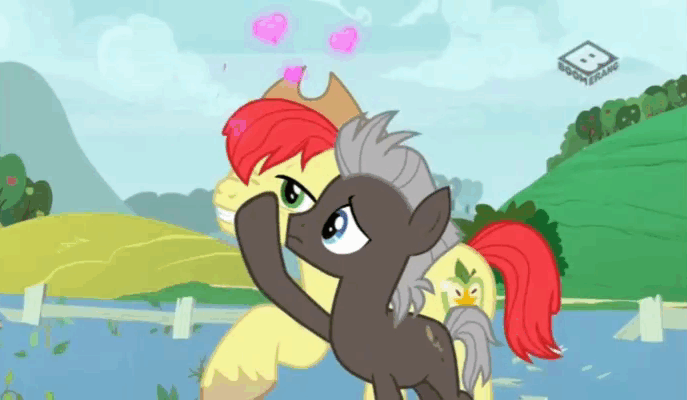 Size: 687x400 | Tagged: safe, screencap, character:bright mac, character:burnt oak, species:earth pony, species:pony, episode:the perfect pear, g4, my little pony: friendship is magic, animated, gif, heart, raised hoof
