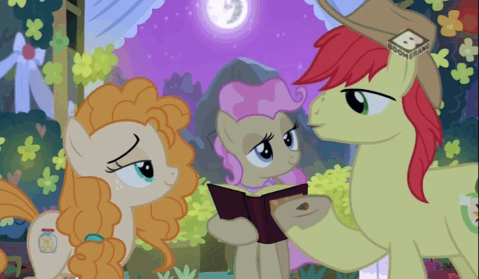 Size: 687x400 | Tagged: safe, screencap, character:bright mac, character:burnt oak, character:cup cake, character:mayor mare, character:pear butter, species:pony, ship:brightbutter, episode:the perfect pear, g4, my little pony: friendship is magic, animated, chiffon swirl, female, gif, male, mare in the moon, marriage, moon, non-dyed mayor, planting, seeds, shipping, straight, wedding