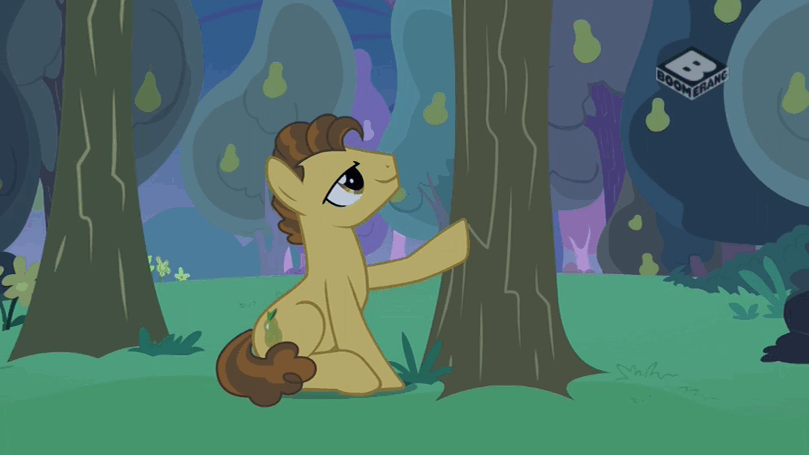 Size: 809x455 | Tagged: safe, screencap, character:grand pear, species:earth pony, species:pony, episode:the perfect pear, g4, my little pony: friendship is magic, animated, boomerang (tv channel), cargo ship, food, gif, hug, kissing, male, orchard, pear, pear orchard, pear tree, shipping, siki, stallion, tree
