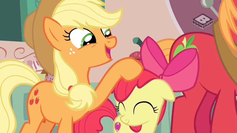 Size: 809x455 | Tagged: safe, screencap, character:apple bloom, character:applejack, species:pony, episode:the perfect pear, g4, my little pony: friendship is magic, animated, boomerang (tv channel), gif, noogie