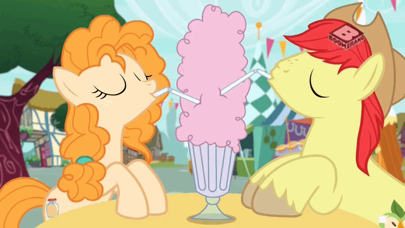 Size: 809x455 | Tagged: safe, screencap, character:bright mac, character:pear butter, species:pony, ship:brightbutter, episode:the perfect pear, g4, my little pony: friendship is magic, accidental kiss, animated, boomerang (tv channel), female, gif, lady and the tramp, male, milkshake, sharing a drink, shipping, spaghetti scene, straight