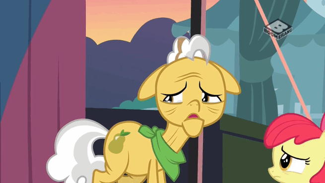 Size: 655x369 | Tagged: safe, screencap, character:apple bloom, character:applejack, character:big mcintosh, character:grand pear, species:earth pony, species:pony, episode:the perfect pear, g4, my little pony: friendship is magic, animated, boomerang (tv channel), crowning moment of heartwarming, floppy ears, gif, grandfather and grandchild, group hug, hug