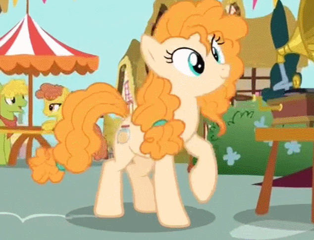 Size: 634x484 | Tagged: safe, screencap, character:cinnamon pear, character:cornice pear, character:pear butter, species:pony, episode:the perfect pear, g4, my little pony: friendship is magic, animated, bowing, cropped, curtsey, cute, gif, gramophone, pear family member, pearabetes, pose, shiny concorde