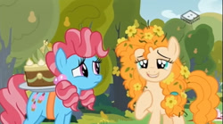Size: 829x462 | Tagged: safe, screencap, character:cup cake, character:pear butter, species:earth pony, species:pony, episode:the perfect pear, g4, my little pony: friendship is magic, cake, chiffon swirl, duo, female, flower, flower in hair, food, mare, pear cake, pear tree, swoon