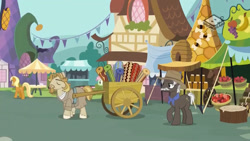 Size: 1024x576 | Tagged: safe, screencap, character:apple cobbler, character:burnt oak, character:florina tart, character:jeff letrotski, species:earth pony, species:pony, episode:the perfect pear, g4, my little pony: friendship is magic, apple family member, cart, female, joke shop, male, mare, market, marketplace, movie reference, ponyville, rug, stallion, the big lebowski, the dude, vendor stall