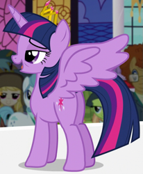 Size: 585x710 | Tagged: safe, screencap, character:march gustysnows, character:twilight sparkle, character:twilight sparkle (alicorn), species:alicorn, species:pony, episode:princess spike, g4, my little pony: friendship is magic, clothing, cropped, crown, female, glasses, hat, jewelry, lidded eyes, mare, open mouth, plot, regalia, solo focus, spread wings, tired, wings