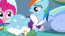 Size: 300x168 | Tagged: safe, screencap, character:pinkie pie, character:rainbow dash, character:tank, species:pony, episode:tanks for the memories, g4, my little pony: friendship is magic, bathrobe, clothing, dashie slippers, sad, slippers, tank slippers