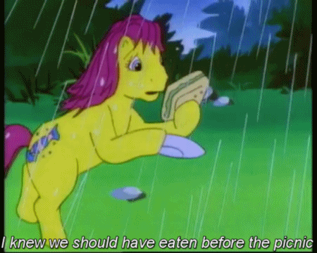 Size: 450x360 | Tagged: safe, screencap, character:bon bon (g1), species:earth pony, species:pony, episode:gribet, g1, my little pony tales, animated, bipedal, eating, female, food, gif, mare, rain, running, solo, subtitles