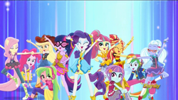 Size: 1920x1080 | Tagged: safe, screencap, character:applejack, character:fluttershy, character:lemon zest, character:pinkie pie, character:rainbow dash, character:rarity, character:sour sweet, character:sugarcoat, character:sunny flare, character:sunset shimmer, character:twilight sparkle, character:twilight sparkle (scitwi), species:eqg human, equestria girls:dance magic, g4, my little pony:equestria girls, ballet slippers, boots, clothing, ear piercing, earring, eyes closed, female, glasses, high heel boots, high heels, jewelry, piercing, scitwilicorn, shoes, skirt, socks