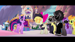 Size: 1920x1080 | Tagged: safe, official, screencap, character:cantaloupe, character:daisy, character:linky, character:shoeshine, character:songbird serenade, character:twilight sparkle, character:twilight sparkle (alicorn), character:vinny, character:whinnyfield, species:alicorn, species:earth pony, species:pegasus, species:pony, species:unicorn, my little pony: the movie (2017), architecture, background pony, bodyguard, bow, canterlot, canterlot shopkeep, clothing, cute, female, hair bow, headset, jules winnfield, male, mare, necktie, pulp fiction, sia (singer), stage, stallion, suit, sunglasses, twiabetes, unnamed pony, vincent vega, waterfall