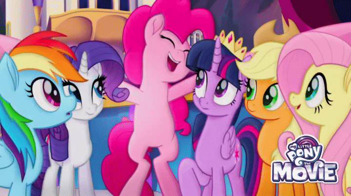 Size: 720x402 | Tagged: safe, screencap, character:applejack, character:fluttershy, character:pinkie pie, character:rainbow dash, character:rarity, character:twilight sparkle, character:twilight sparkle (alicorn), species:alicorn, species:pony, my little pony: the movie (2017), animated, gif, mane six, mlp gif creator