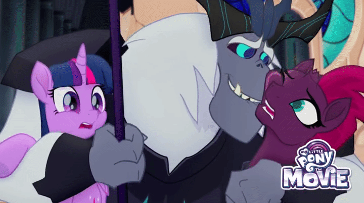 Size: 720x402 | Tagged: safe, screencap, character:storm king, character:tempest shadow, character:twilight sparkle, character:twilight sparkle (alicorn), species:alicorn, species:pony, my little pony: the movie (2017), animated, broken horn, eye scar, gif, horn, hug, mlp gif creator, scar, staff, staff of sacanas