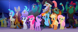 Size: 1366x574 | Tagged: safe, official, screencap, character:applejack, character:boyle, character:capper dapperpaws, character:captain celaeno, character:clear skies, character:fluttershy, character:golden delicious, character:goldengrape, character:lemon hearts, character:lix spittle, character:mullet, character:murdock, character:pinkie pie, character:princess skystar, character:rainbow dash, character:rarity, character:red delicious, character:twilight sparkle, character:twilight sparkle (alicorn), species:alicorn, species:anthro, species:classical hippogriff, species:earth pony, species:hippogriff, species:pegasus, species:pony, species:unicorn, my little pony: the movie (2017), anthro with ponies, apple family member, background pony, female, male, mane six, mare, parrot pirates, pirate, species swap, stallion, toes, youtube link