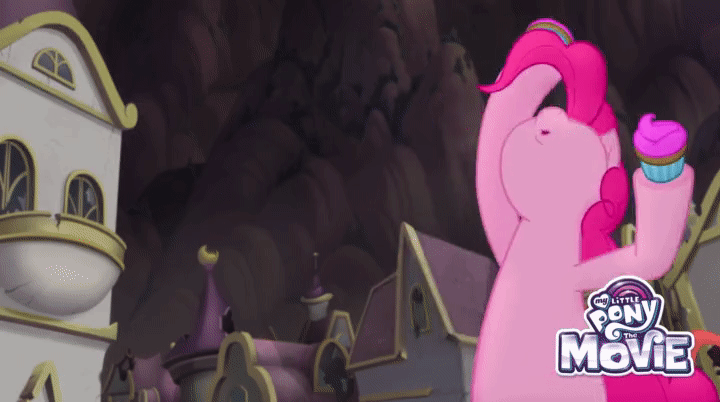 Size: 720x402 | Tagged: safe, screencap, character:pinkie pie, species:pony, my little pony: the movie (2017), animated, assaulting with cake, cupcake, food, gif, mlp gif creator, wheel o feet