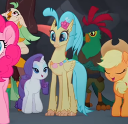 Size: 568x551 | Tagged: safe, screencap, character:applejack, character:captain celaeno, character:mullet, character:pinkie pie, character:princess skystar, character:rarity, species:anthro, species:classical hippogriff, species:hippogriff, species:pony, my little pony: the movie (2017), amputee, anthro with ponies, basalt beach, cropped, jewelry, necklace, parrot pirates, peg leg, pirate, prosthetic leg, prosthetic limb, prosthetics, seashell, seashell necklace, species swap, toes