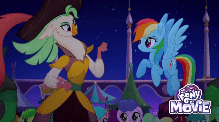 Size: 720x402 | Tagged: safe, screencap, character:apple fritter, character:captain celaeno, character:rainbow dash, species:anthro, species:earth pony, species:pony, my little pony: the movie (2017), animated, anthro with ponies, apple family member, background pony, female, fist bump, gif, hoofbump, mare, mlp gif creator, parrot pirates, unnamed pony