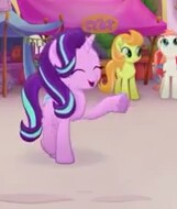 Size: 161x190 | Tagged: safe, screencap, character:cantaloupe, character:dawn sunrays, character:starlight glimmer, species:earth pony, species:pony, species:unicorn, my little pony: the movie (2017), background pony, cropped, eyes closed, female, mare, picture for breezies, raised hoof, smiling