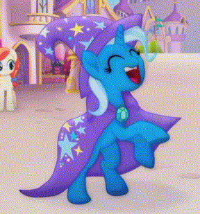 Size: 288x309 | Tagged: safe, screencap, character:dawn sunrays, character:trixie, species:pony, species:unicorn, my little pony: the movie (2017), animated, cape, clothing, cute, diatrixes, eyes closed, gif, happy, hat, hoofy-kicks, open mouth, rearing, smiling, solo focus, trixie's cape, trixie's hat, underhoof