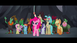 Size: 1920x1080 | Tagged: safe, screencap, character:applejack, character:boyle, character:capper dapperpaws, character:captain celaeno, character:fluttershy, character:lix spittle, character:mullet, character:murdock, character:pinkie pie, character:princess skystar, character:rainbow dash, character:rarity, character:spike, character:twilight sparkle, species:anthro, species:classical hippogriff, species:dragon, species:hippogriff, my little pony: the movie (2017), mane six, parrot pirates, pirate