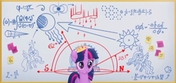 Size: 556x263 | Tagged: safe, screencap, character:princess celestia, character:princess luna, character:twilight sparkle, character:twilight sparkle (alicorn), species:alicorn, species:pony, my little pony: the movie (2017), aurora borealis, calculus, diagram, dry erase board, fancy mathematics, golden ratio, integral, magnetic field, math, moon, solo, sticky note, sun