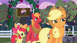Size: 1280x720 | Tagged: safe, screencap, character:apple bloom, character:applejack, character:big mcintosh, character:grand pear, species:pony, episode:the perfect pear, g4, my little pony: friendship is magic, apple siblings, apple tree, boomerang (tv channel), sweet apple acres, tree