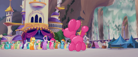 Size: 480x200 | Tagged: safe, official, screencap, character:applejack, character:fluttershy, character:party favor, character:pinkie pie, character:rainbow dash, character:rarity, character:spike, character:twilight sparkle, character:twilight sparkle (alicorn), species:alicorn, species:dragon, species:earth pony, species:pegasus, species:pony, species:unicorn, my little pony: the movie (2017), animated, background pony, balloon, big no, brian (balloon animal), cornsilk, death of brian the balloon, deflation, drama king, drama queen, female, gif, male, mane seven, mane six, mare, moral event horizon, sad, stallion, unnamed pony