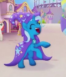 Size: 215x250 | Tagged: safe, screencap, character:dawn sunrays, character:trixie, species:earth pony, species:pony, species:unicorn, my little pony: the movie (2017), background pony, bipedal, canterlot, cape, clothing, cropped, cute, diatrixes, eyes closed, female, happy, hat, mare, offscreen character, rearing, trixie's cape, trixie's hat