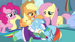Size: 1280x720 | Tagged: safe, screencap, character:applejack, character:fluttershy, character:pinkie pie, character:rainbow dash, character:tank, species:pony, episode:tanks for the memories, g4, my little pony: friendship is magic, bathrobe, clothing, crying, dashie slippers, hug, slippers, tank slippers