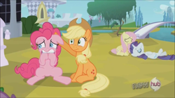 Size: 1280x720 | Tagged: safe, screencap, character:applejack, character:fluttershy, character:pinkie pie, character:rarity, episode:the crystal empire, g4, my little pony: friendship is magic, hub logo, scared
