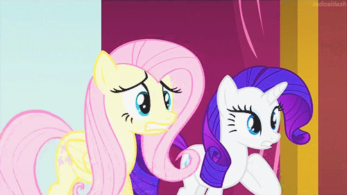 Size: 500x281 | Tagged: safe, screencap, character:fluttershy, character:rarity, episode:too many pinkie pies, g4, my little pony: friendship is magic, animated, facehoof