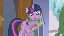 Size: 1280x720 | Tagged: safe, screencap, character:spike, character:twilight sparkle, episode:the crystal empire, g4, my little pony: friendship is magic, hub logo, hug