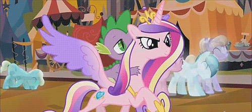 Size: 500x222 | Tagged: safe, screencap, character:bright smile, character:crystal arrow, character:paradise (g4), character:princess cadance, character:spike, species:crystal pony, species:pony, episode:the crystal empire, g4, my little pony: friendship is magic, amber waves, animated, crystal empire, crystal spike, crystallized