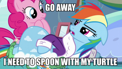 Size: 978x550 | Tagged: safe, screencap, character:pinkie pie, character:rainbow dash, character:tank, species:pony, episode:tanks for the memories, g4, my little pony: friendship is magic, bathrobe, clothing, dashie slippers, image macro, meme, slippers, tank slippers