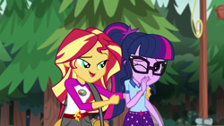 Size: 1280x720 | Tagged: safe, screencap, character:sunset shimmer, character:twilight sparkle, character:twilight sparkle (scitwi), species:eqg human, equestria girls:legend of everfree, g4, my little pony:equestria girls, camp everfree outfits, clothing, duffle bag, fist, glasses, open mouth, shorts