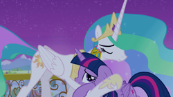 Size: 1280x720 | Tagged: safe, screencap, character:princess celestia, character:twilight sparkle, character:twilight sparkle (alicorn), species:alicorn, species:pony, hug