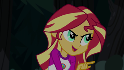 Size: 1280x720 | Tagged: safe, screencap, character:sunset shimmer, equestria girls:legend of everfree, g4, my little pony:equestria girls, camp everfree outfits, clothing, female, night, open mouth, pointing, smiling, smirk, solo, talking