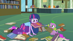 Size: 1920x1080 | Tagged: safe, screencap, character:spike, character:twilight sparkle, species:dog, equestria girls:equestria girls, g4, my little pony:equestria girls, all fours, book, humans doing horse things, library, mouth hold, spike the dog