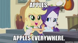 Size: 600x337 | Tagged: safe, screencap, character:applejack, character:rarity, episode:player piano, g4, my little pony:equestria girls, apple, image macro, meme, that pony sure does love apples, x x everywhere