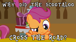 Size: 1172x652 | Tagged: safe, screencap, character:scootaloo, species:pegasus, species:pony, episode:call of the cutie, g4, my little pony: friendship is magic, female, meme, overused joke, s01e12, scootachicken, text, thinking