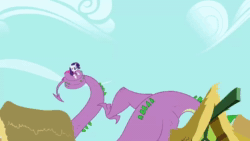 Size: 1280x720 | Tagged: safe, screencap, character:rarity, character:spike, species:dragon, species:pony, species:unicorn, episode:secret of my excess, g4, my little pony: friendship is magic, animated, coils, roar, sound, spikezilla, webm