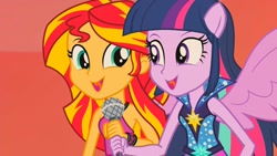 Size: 1920x1080 | Tagged: safe, screencap, character:sunset shimmer, character:twilight sparkle, character:twilight sparkle (alicorn), equestria girls:rainbow rocks, g4, my little pony:equestria girls, female, microphone, ponied up, rainbow rocks outfit, rebecca shoichet, voice actor joke