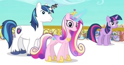 Size: 1161x608 | Tagged: safe, screencap, character:princess cadance, character:shining armor, character:twilight sparkle, character:twilight sparkle (unicorn), species:alicorn, species:pony, species:unicorn, episode:the crystal empire, g4, my little pony: friendship is magic, female, horn crystals, magic, magic aura, magic suppression, male, mare, stallion, trio