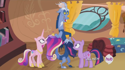 Size: 640x360 | Tagged: safe, screencap, character:discord, character:princess cadance, character:twilight sparkle, character:twilight sparkle (alicorn), species:alicorn, species:pony, episode:three's a crowd, g4, my little pony: friendship is magic, season 4, bald, bedroom, blue flu, golden oaks library, hair swap, mane swap